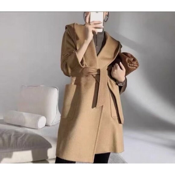Max Mara Womens Tan Wool Belted Coat With Hood - Picture 7 of 7
